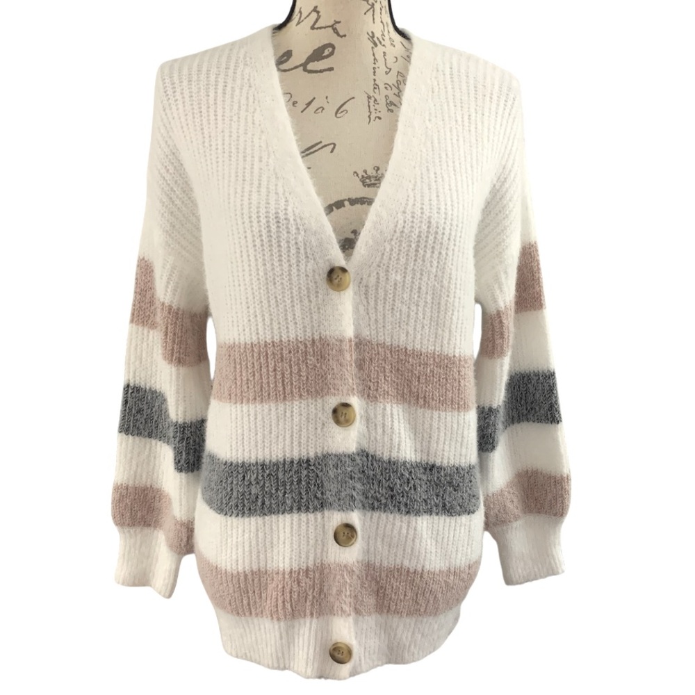 NEW Angora-Look Acrylic Striped Button Front V-Neck Cardigan Sweater White Large